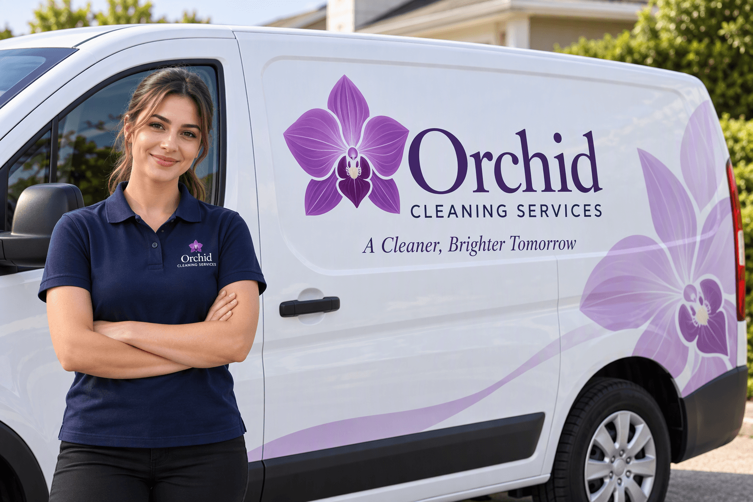 Illustration of an Orchid Cleaning Services branded van